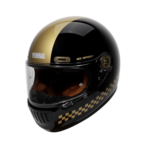 VEGA HELMET - SA-72 RETRO FULL FACE HELMET GLOSS BLACK CHEQUERED GOLD